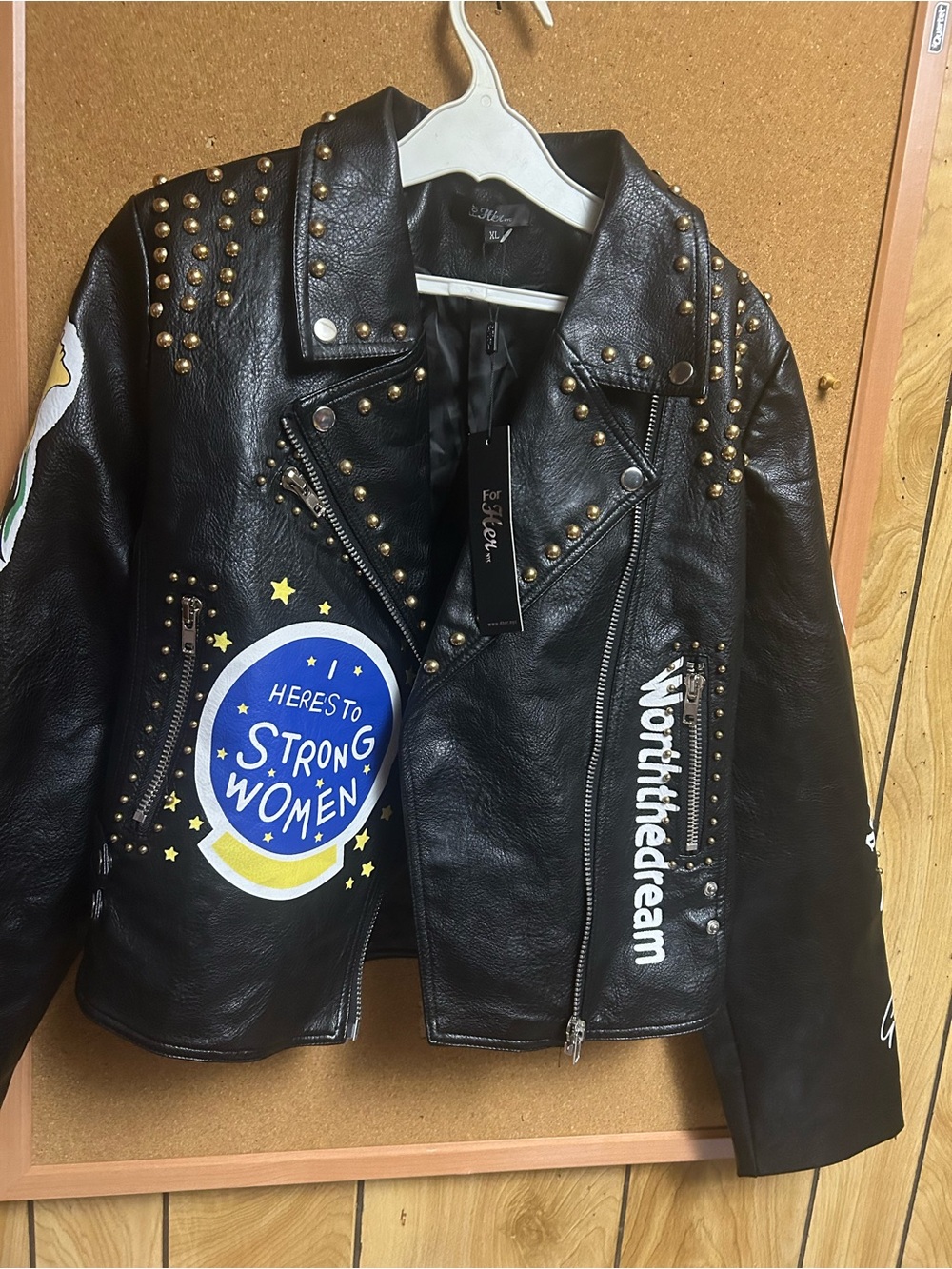 NWT Black Studded Faux Leather Moto Jacket with Blue Graphic